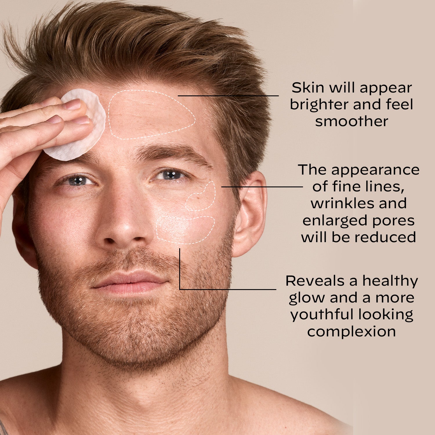Man applying a skincare product with text on a beige background